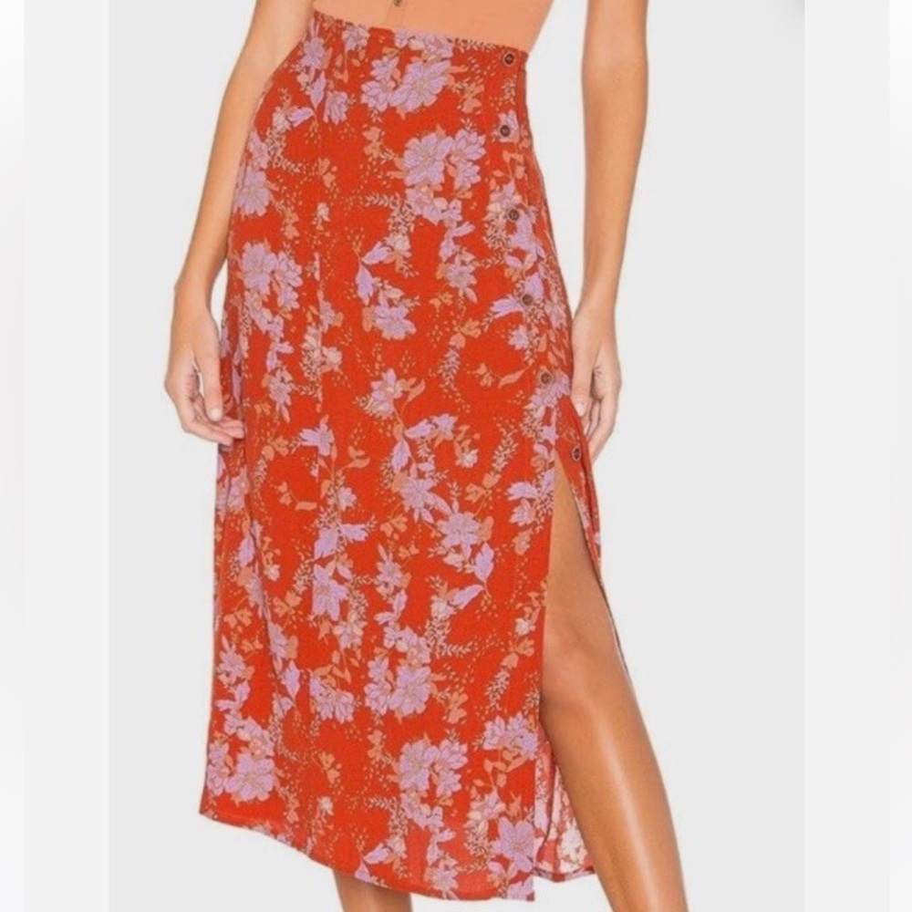 Free People 6 The Retro Love Midi Skirt Buttons Floral Burnt Orange Side Slit